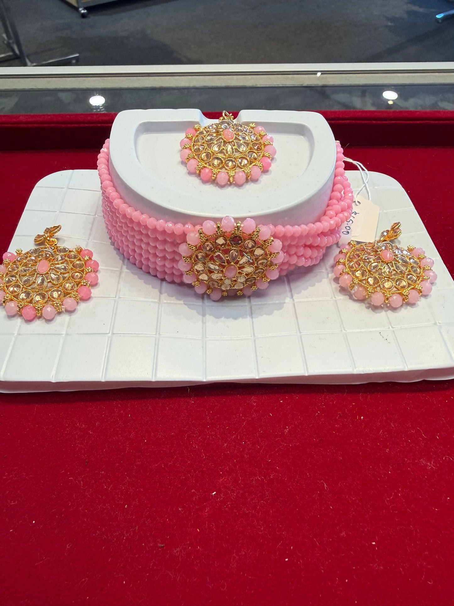 Beautiful Light Pink & Gold Stones Choker with earrings and Maang Tikka