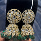 Beautiful White Kundan Stones And Emerald Green Hangings Jhumka for women