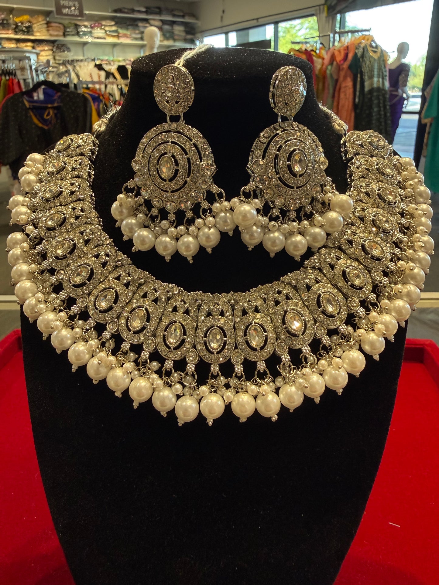 Attractive White Stones & Pearls Necklace Set with earrings for women