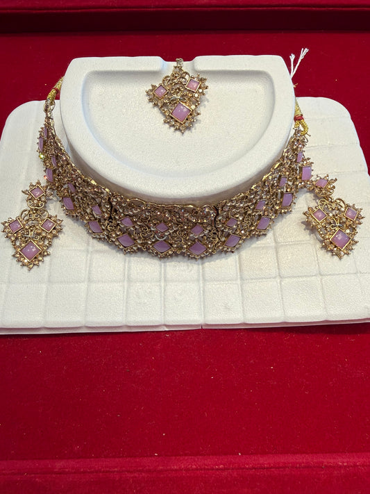 Beautiful Light Purple And Gold Stones Antique Gold Choker With Maang Tikka And Earrings