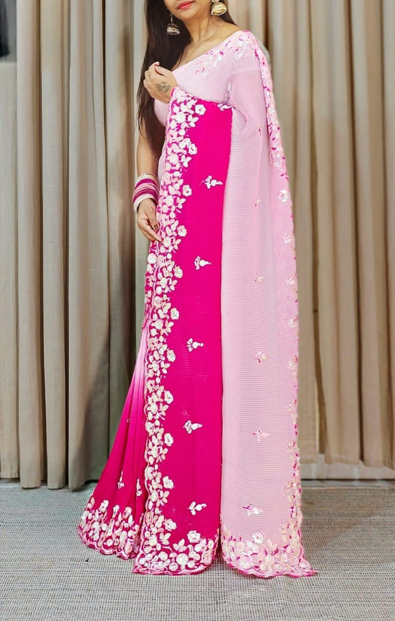 Attractive Pink Colored Faux Georgette Crush Pattern Saree Near Me