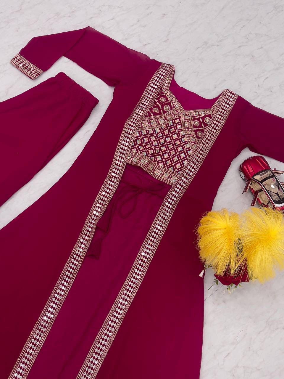 Attactive Maroon Color Heavy Georgette Embroidery Lace Kurti With Palazzo Suits For Women in Mesa