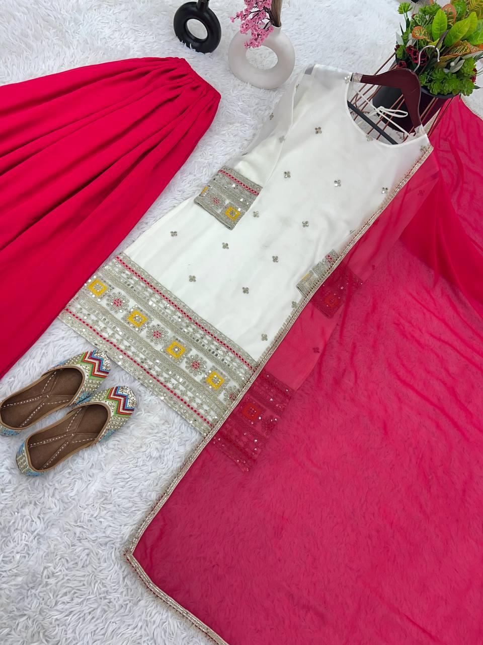 Elegant Embroidery Sequence Work Top-Bottom And Dupatta Set In Mesa