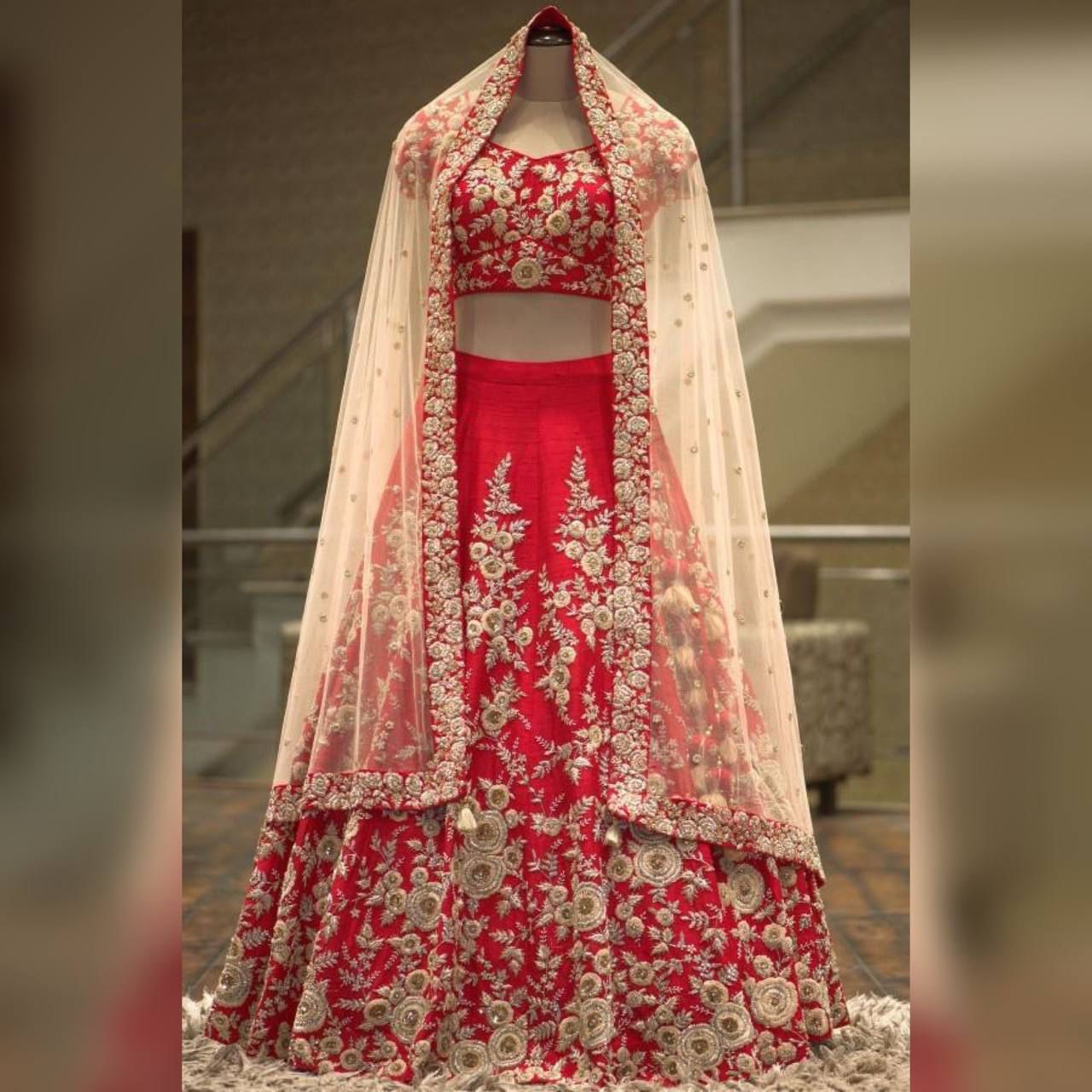 Beautiful Red Colored Threading Embroidery With Zari Work Lehenga Choli For Women