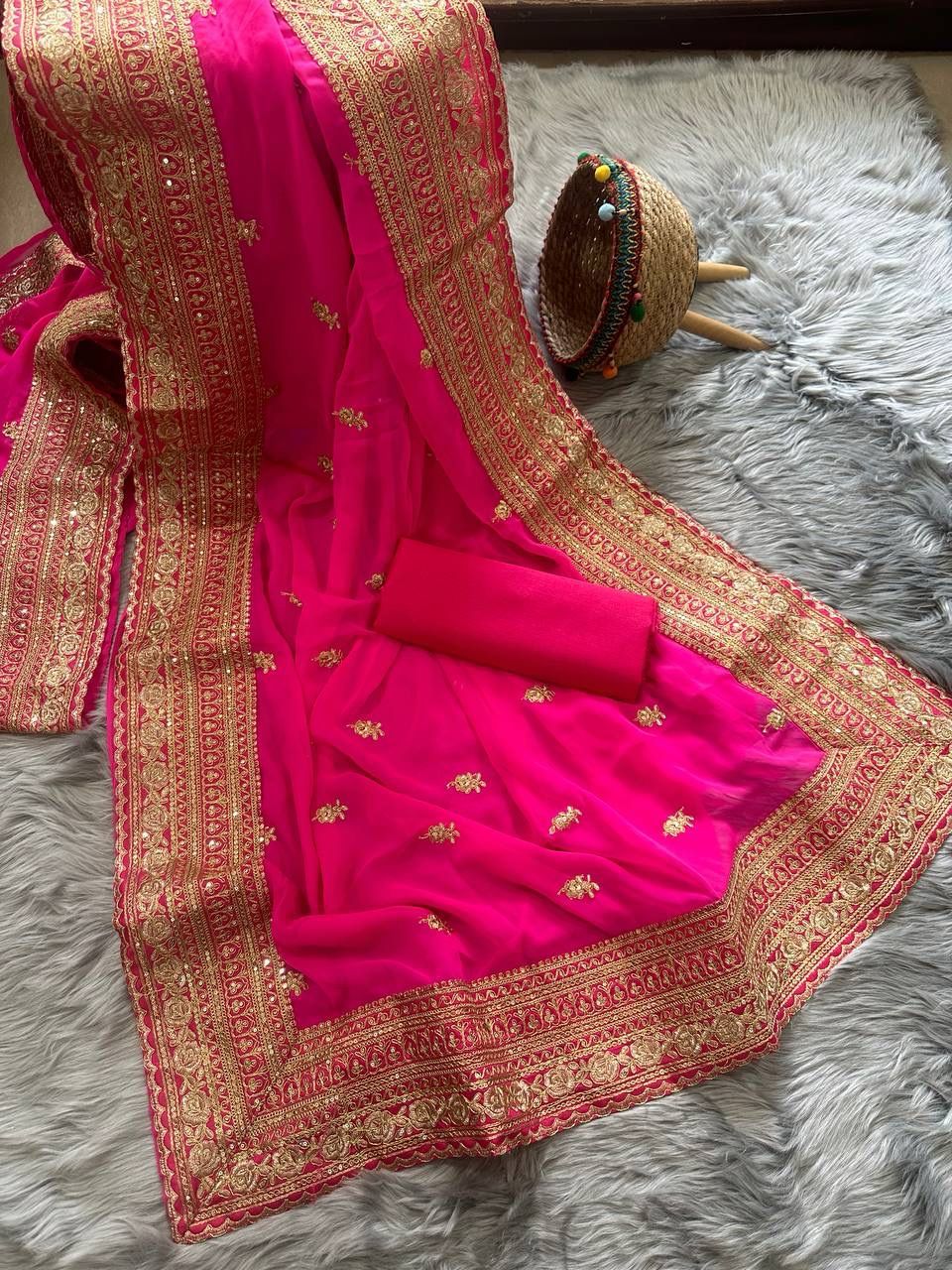 Attractive Pink Color Party Wear Embroiderd Georgette Saree For Women Near Me