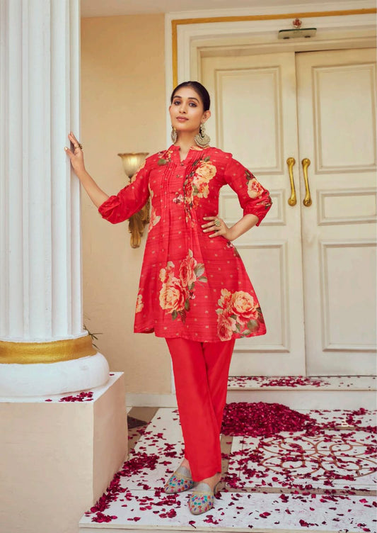 Gorgeous Red Color Tusser Silk Floral Designer Kurti With Pant For Women
