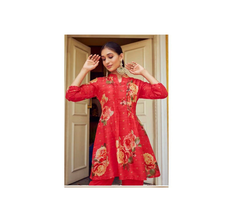 Gorgeous Red Color Tusser Silk Floral Designer Kurti With Pant For Women In Yuma