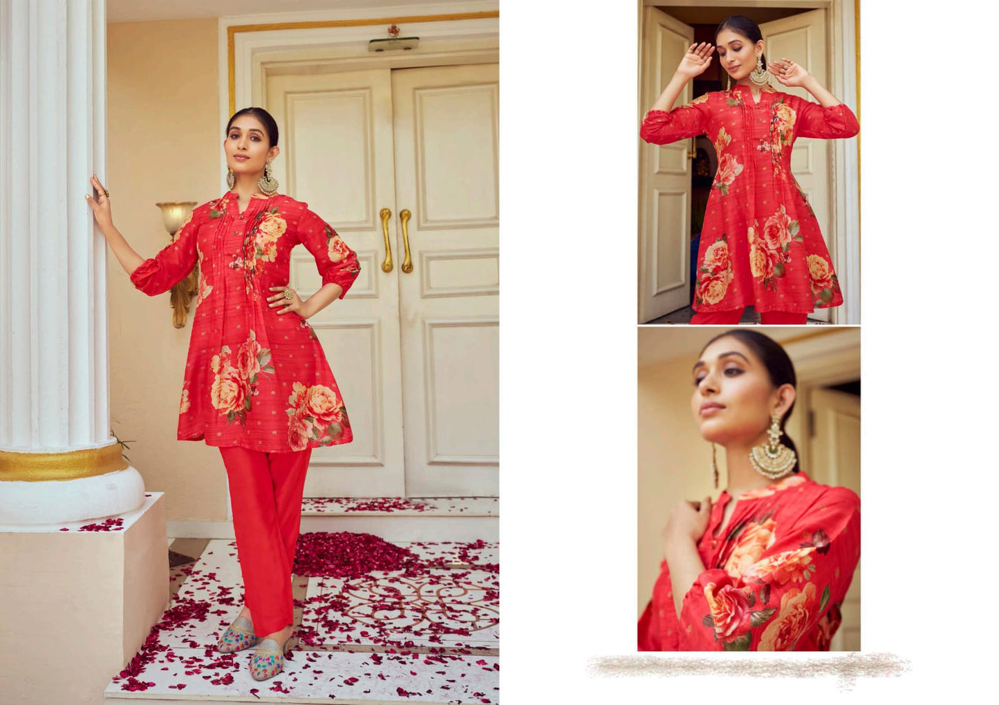 Gorgeous Red Color Tusser Silk Floral Designer Kurti With Pant For Women Near Me