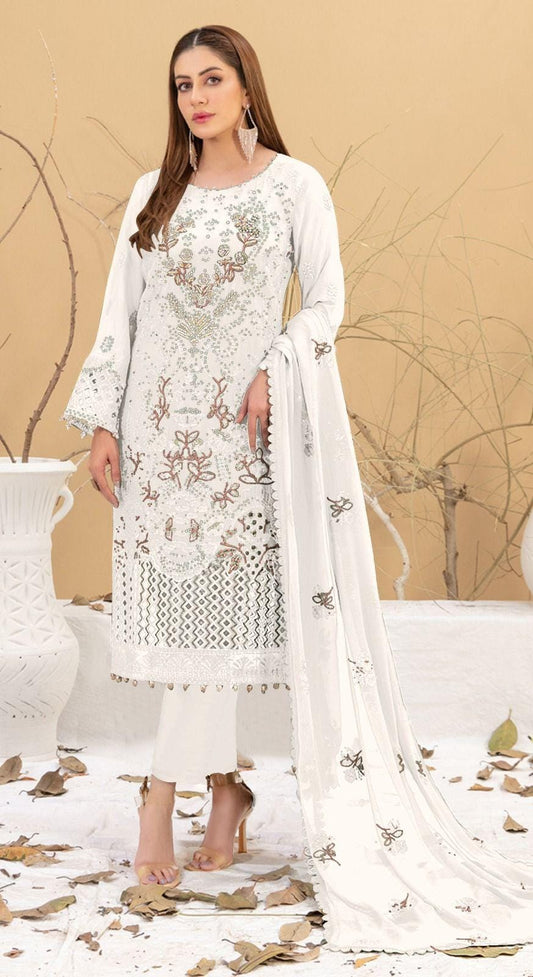 Wonderful White Color Faux Georgette With Embroidery Work Salwar Suits For Women