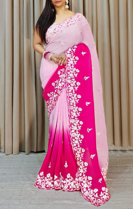 Attractive Pink Colored Faux Georgette Crush Pattern Sequins Work Saree For Women