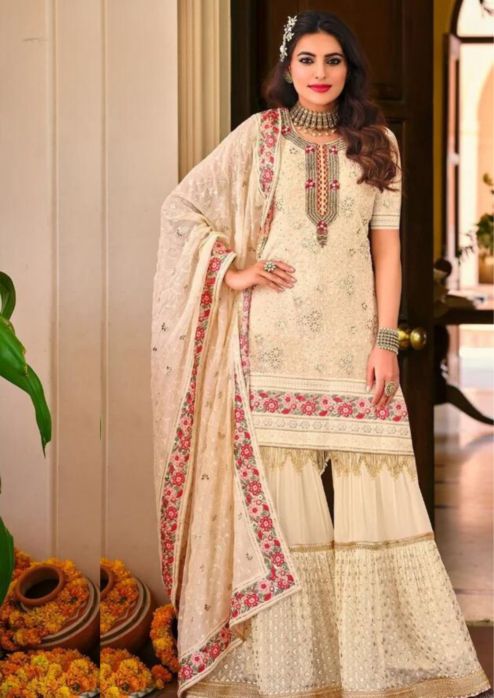 Lovely Cream Color Embroidery Work & Heavy Lace With Faux Georgette Sharara Suits