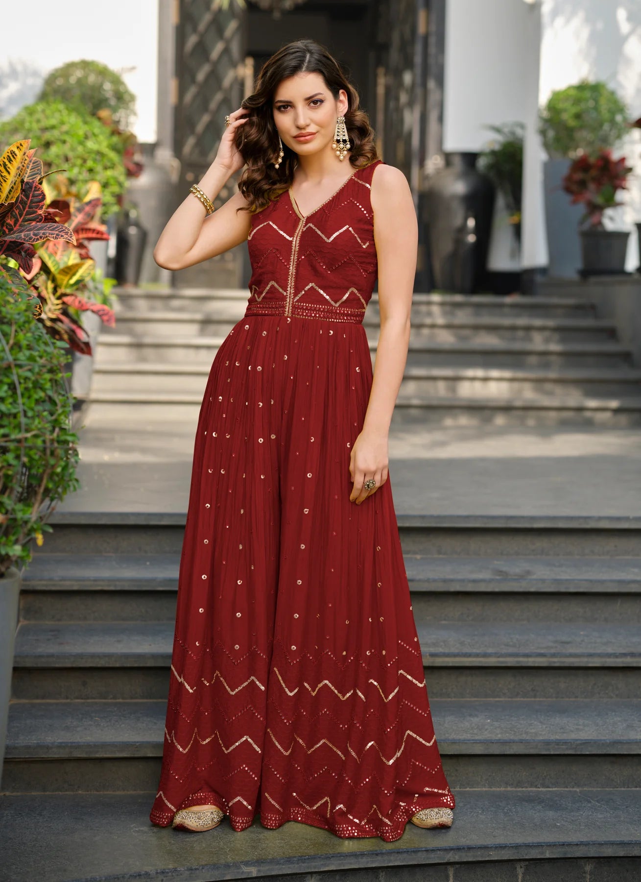 Appealing Maroon Colored Stylish Designer Festive Wear Fancy Jump Suit