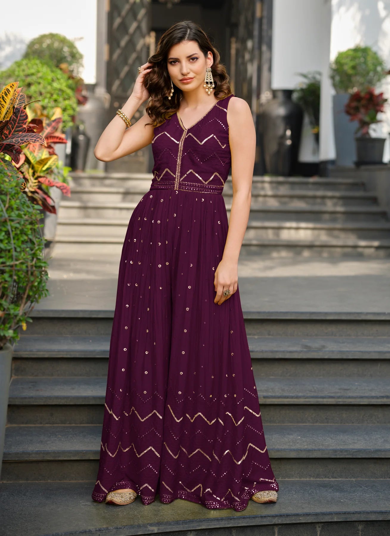 Elegant Purple Colored Ethnic Wear Jump Suit With Embroidery Work