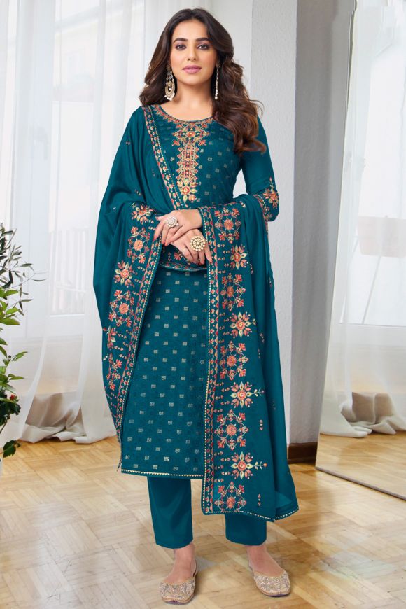 Alluring Teal Blue Colored Sequins Work Chinon Embroidery Work Salwar Suits