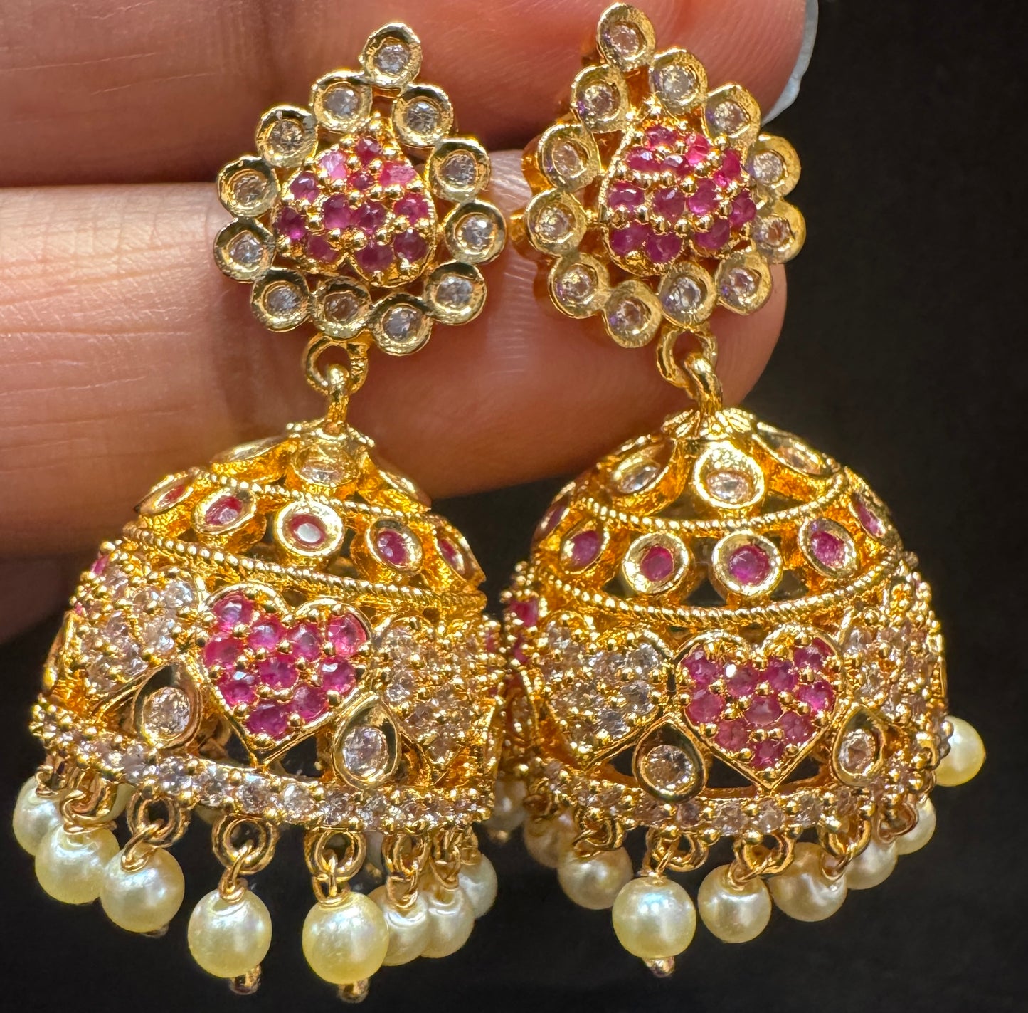Beautiful Dark pink And White Stones Gold Plated Jhumkas