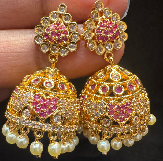 Beautiful Dark pink And White Stones Gold Plated Jhumkas
