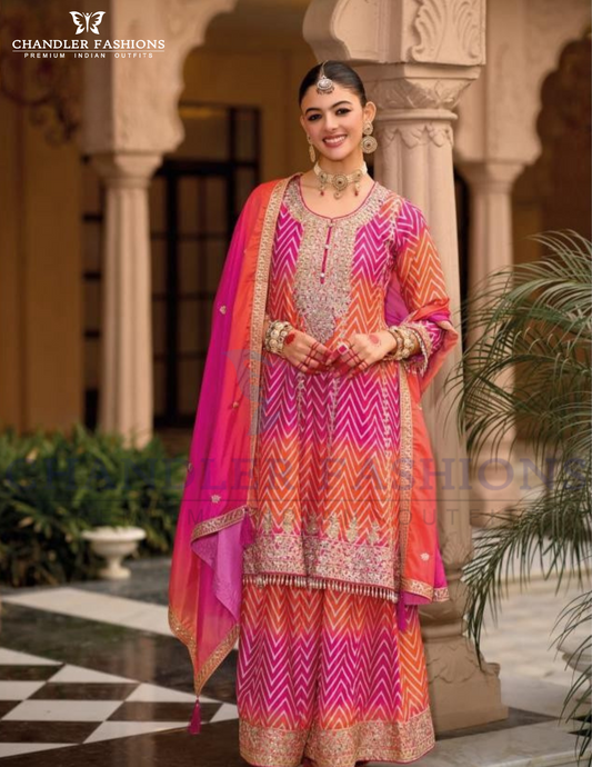 Pretty Orange And Pink Color Chinon With Embroidery Work Palazzo Suits For Women