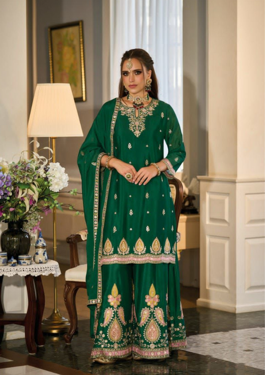 Alluring Green Color Chinon With Embroidery Work Designer Palazzo Suits With Dupatta