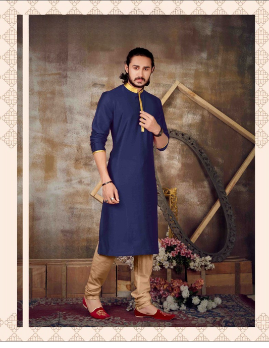 Charming Royal Blue Colored Trendy Slub Silk Kurta With Pajama Set For Men's