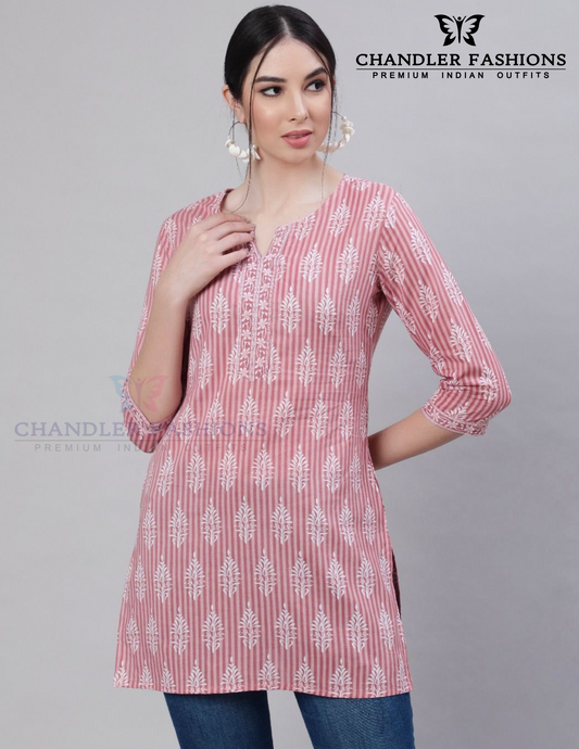 Wonderful Light Pink Color Cotton With Printed Work Short Kurti For Women