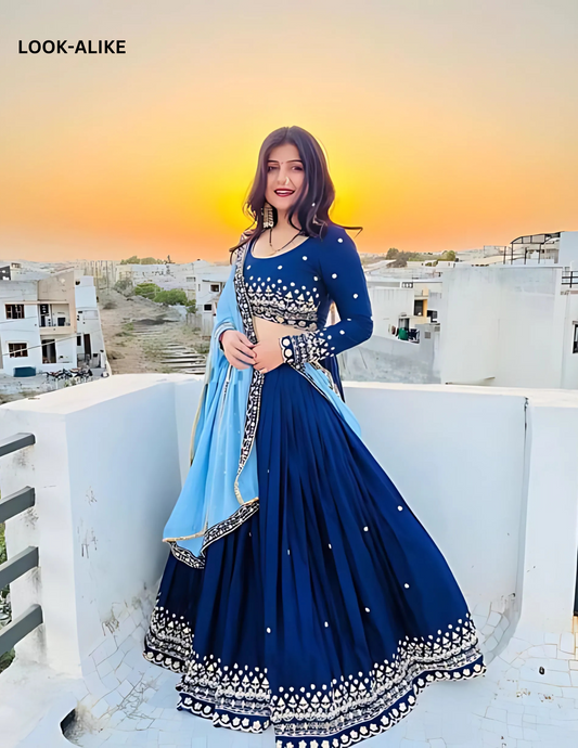Charming Blue Color Heavy Georgette Embroidered Lehenga For Women