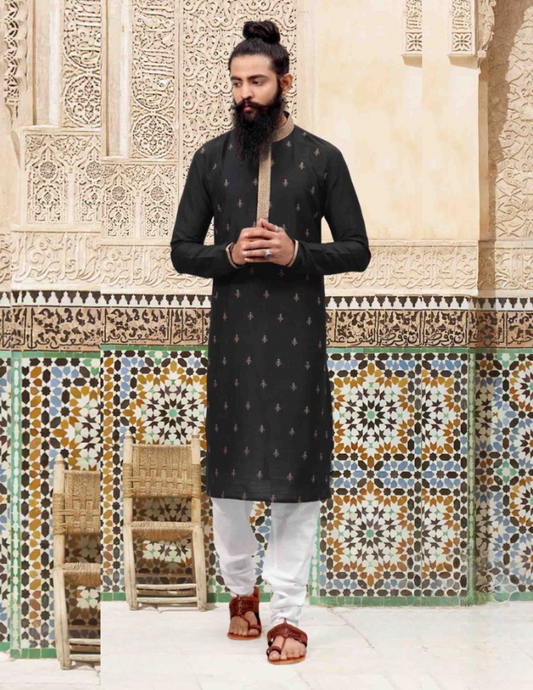 Attractive Black Color Embroidery Work Slub Silk Kurta With Pajama Pant For Men 