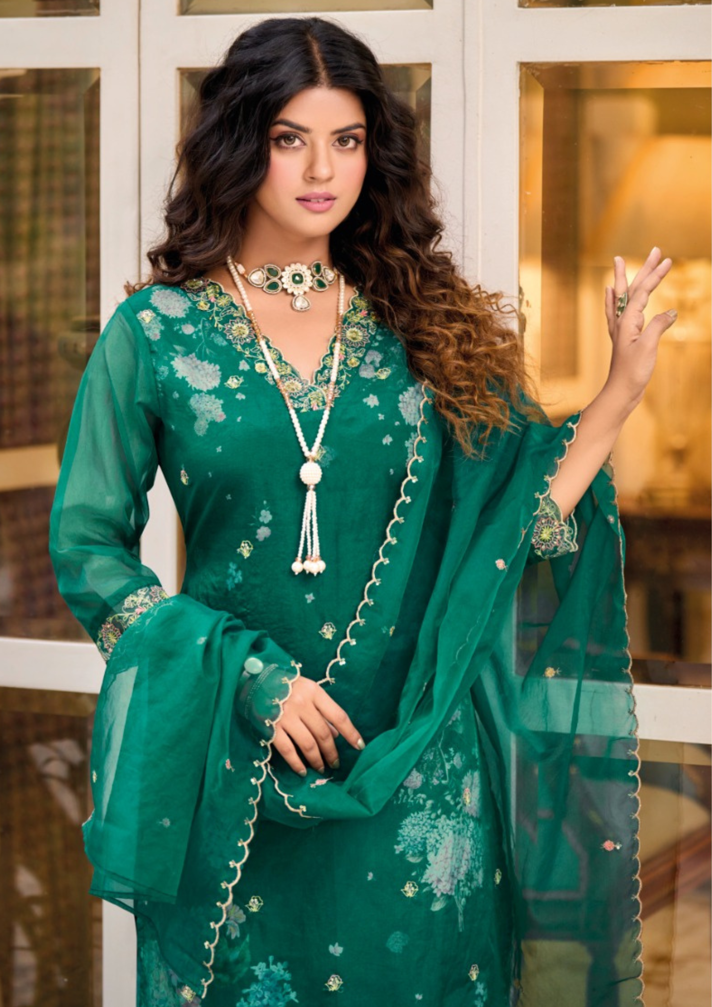 Delightful Dark Green Color Organza Embroidered Work Kurti Near Me