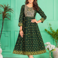 Appealing Green Color Screen Print Flared Long Kurti With Computer Embroidery Yock With Lace Kurti For Women