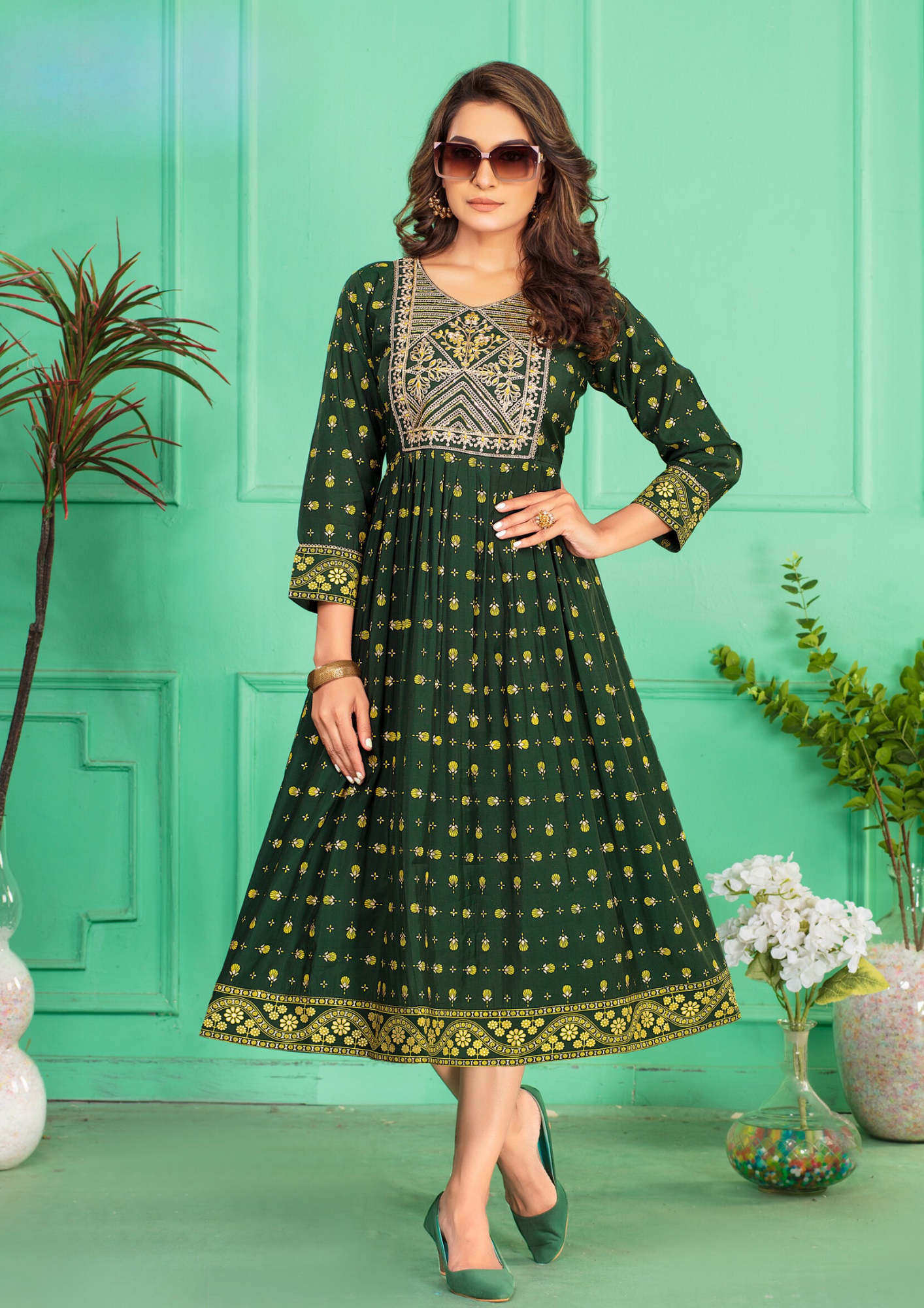 Appealing Green Color Screen Print Flared Long Kurti With Computer Embroidery Yock With Lace Kurti For Women