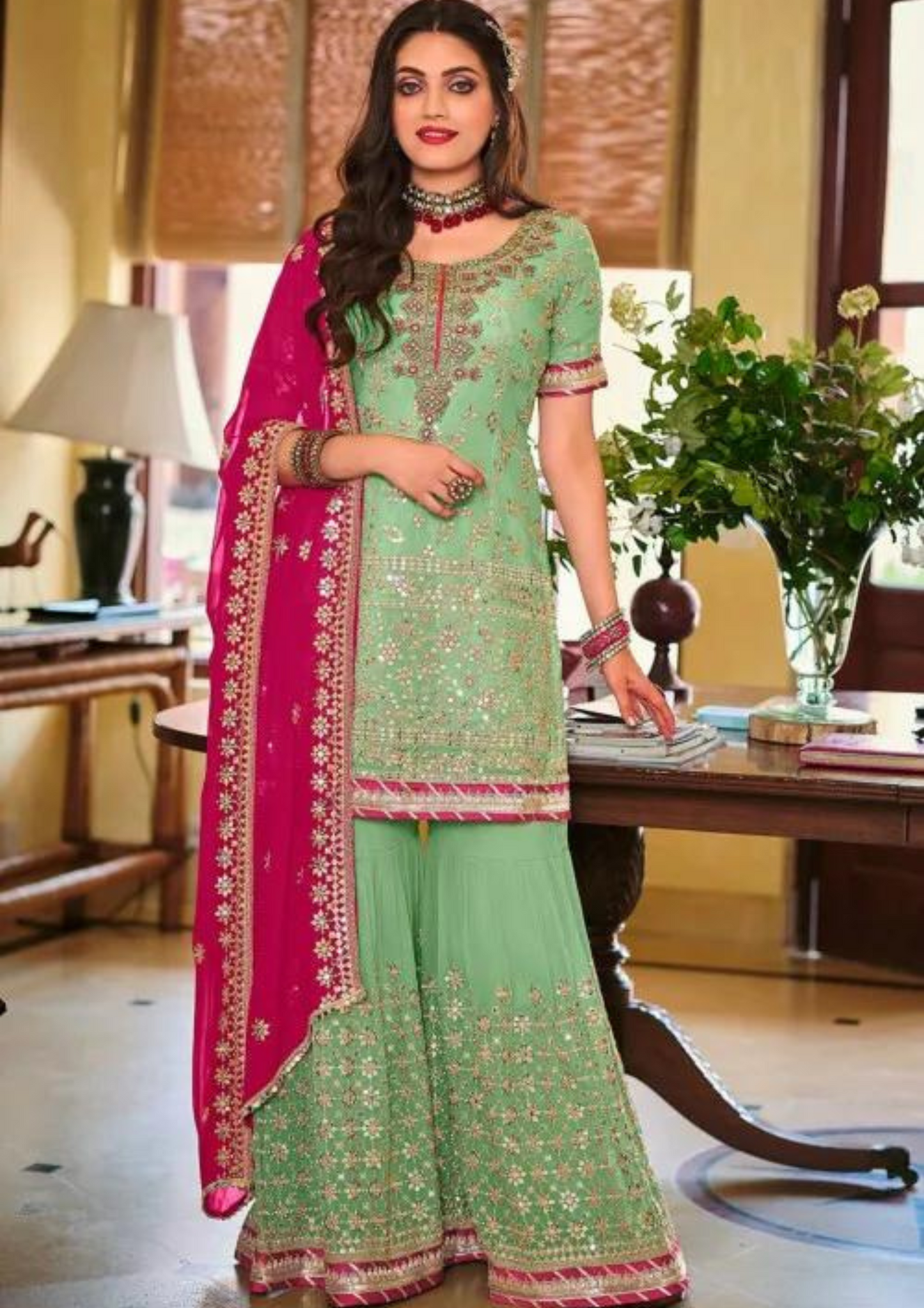 Charming Green Color Faux Georgette With Fancy Embroidery Work Sharara Suits With Dupatta