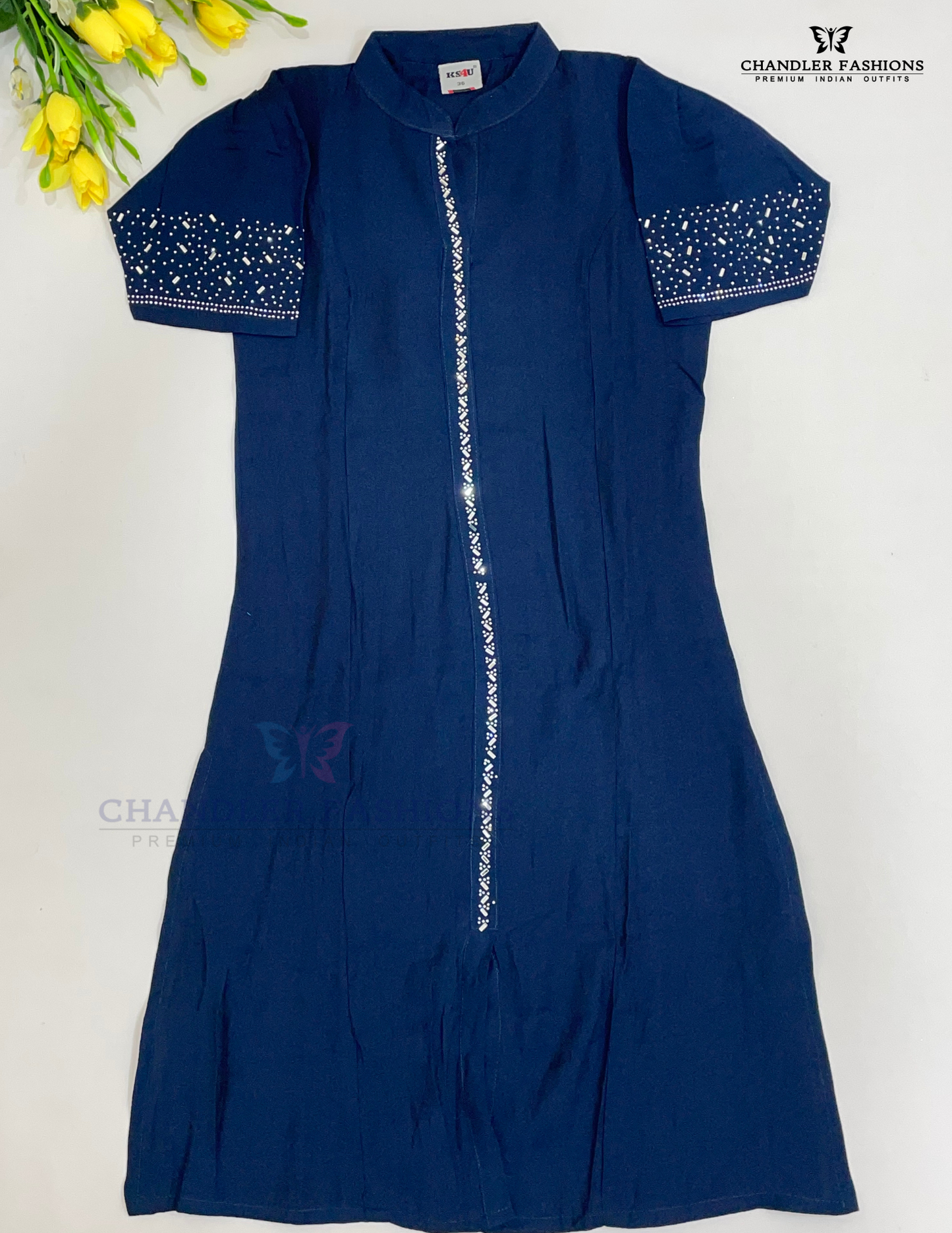 Alluring Navy Blue Color Rayon Kurti  With Stone Work For Girls