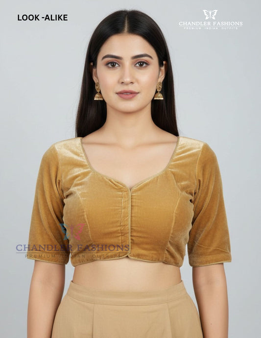 Amazing Dark Gold Colored Velvet With Paan Neck Readymade Blouse For Women