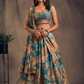 Beautiful Teal Blue Color Rose Printed Design and Golden Zari and Sequins Embroidered Lehenga With Dupatta Set