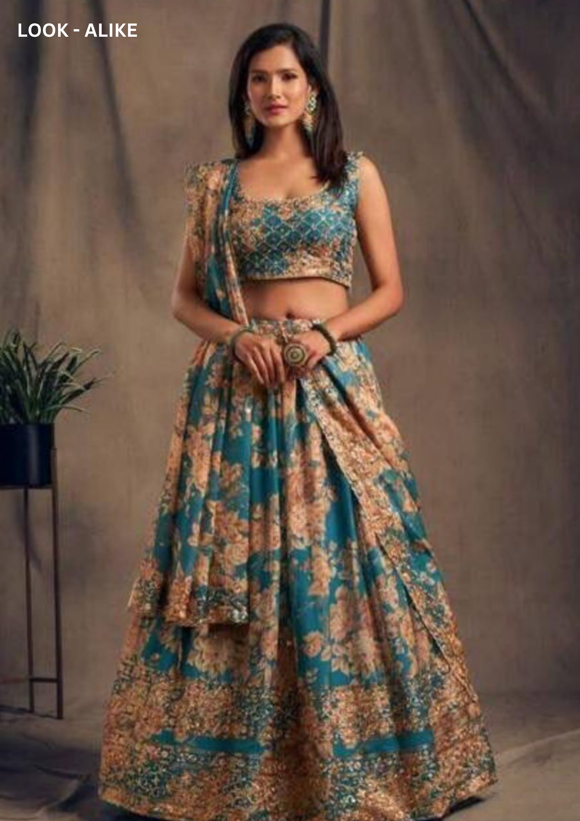 Beautiful Teal Blue Color Rose Printed Design and Golden Zari and Sequins Embroidered Lehenga With Dupatta Set