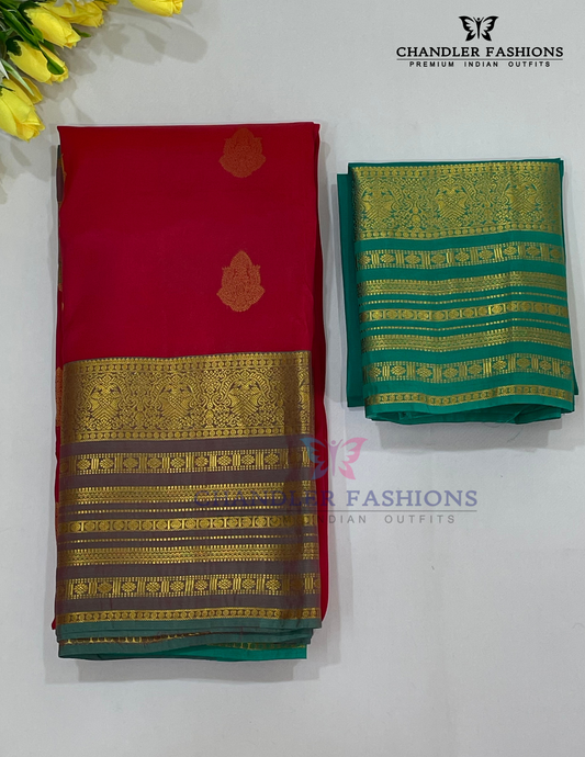 Attractive Red Color Pure Kanchi Silk With Contrast Green Pallu And Gold Zari With Tradition Motifs Work Saree For Women - SILKMARK CERTIFIED