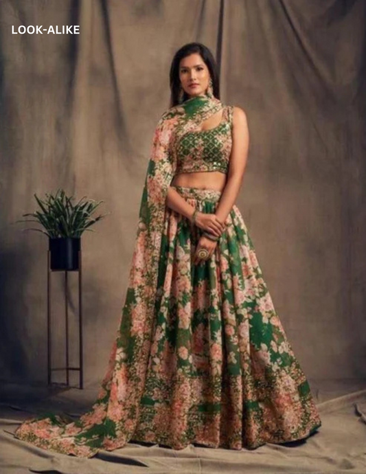 Alluring Green Color Rose Printed Design and Golden Zari and Sequins Lehenga With Dupatta Set