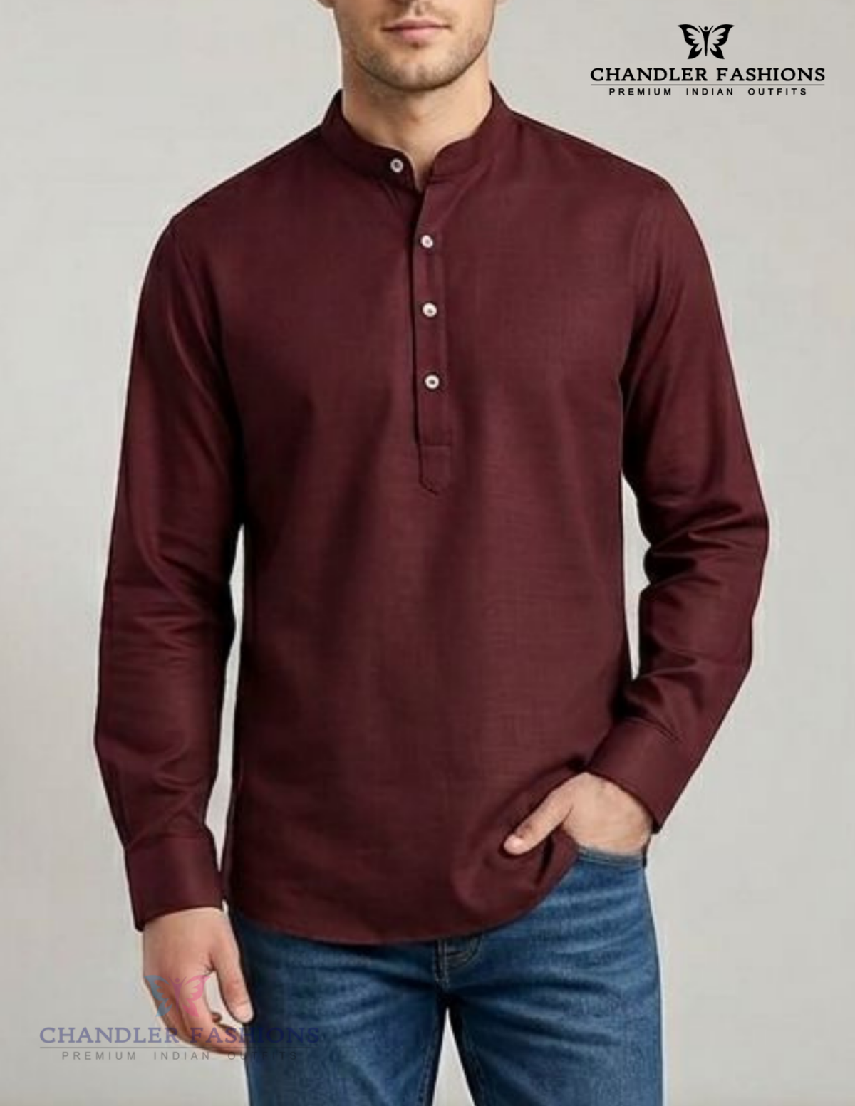 Gorgeous Maroon Blue Color Heavy Cotton Short Kurta For Men