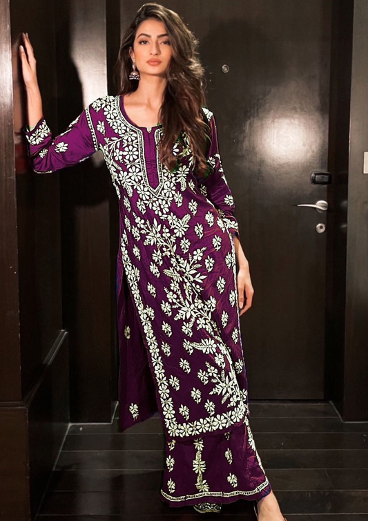 Elegant Violet Color Embroidery Work With Heavy Rayon Kurti With Palazzo Suits For Women