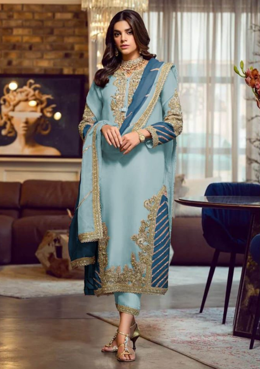 Amazing Blue Color Designer Faux Georgette Salwar Suits For Women