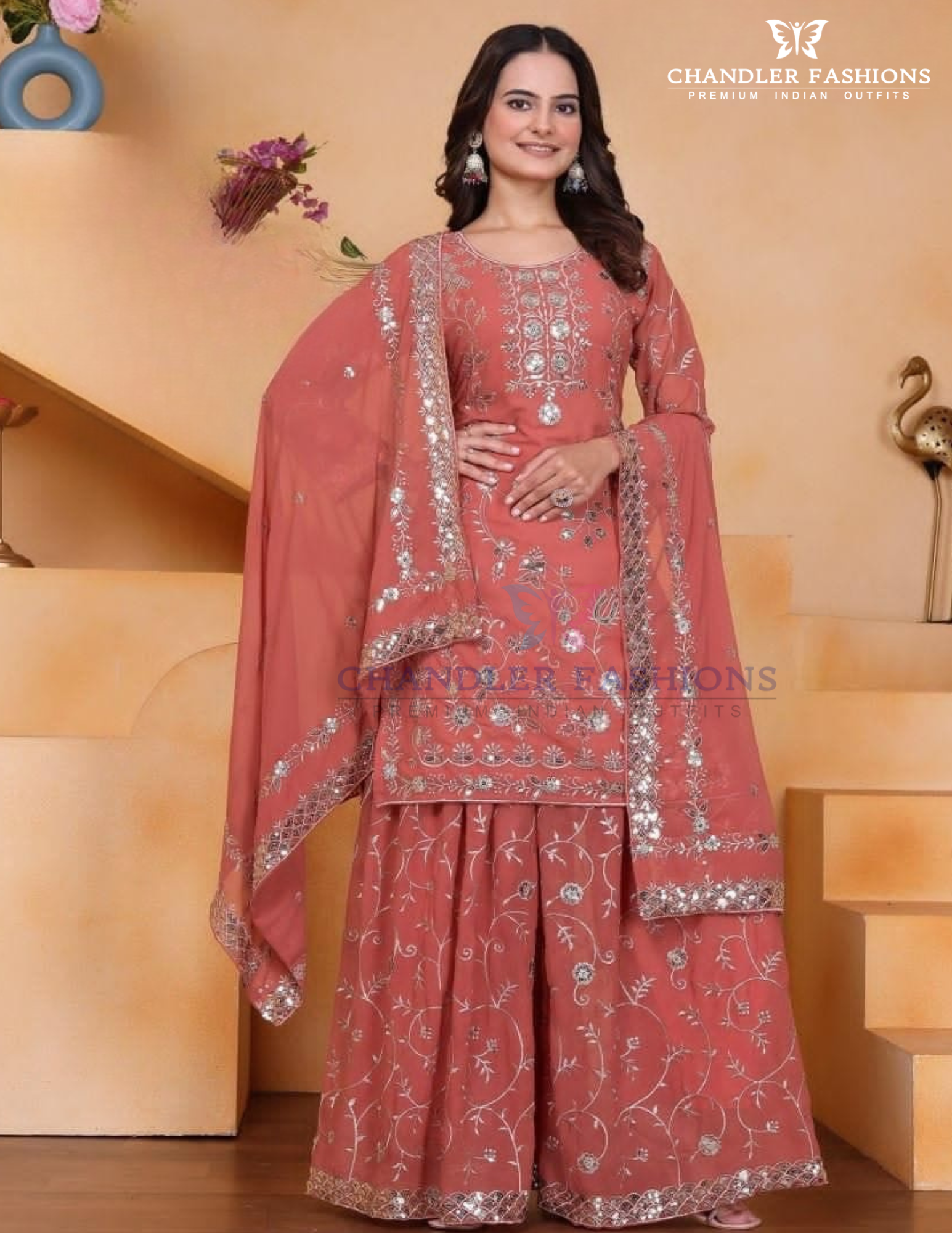 Pleasing Peach Color Faux Georgette Sharara Suit With Sequins And Embroidery Work