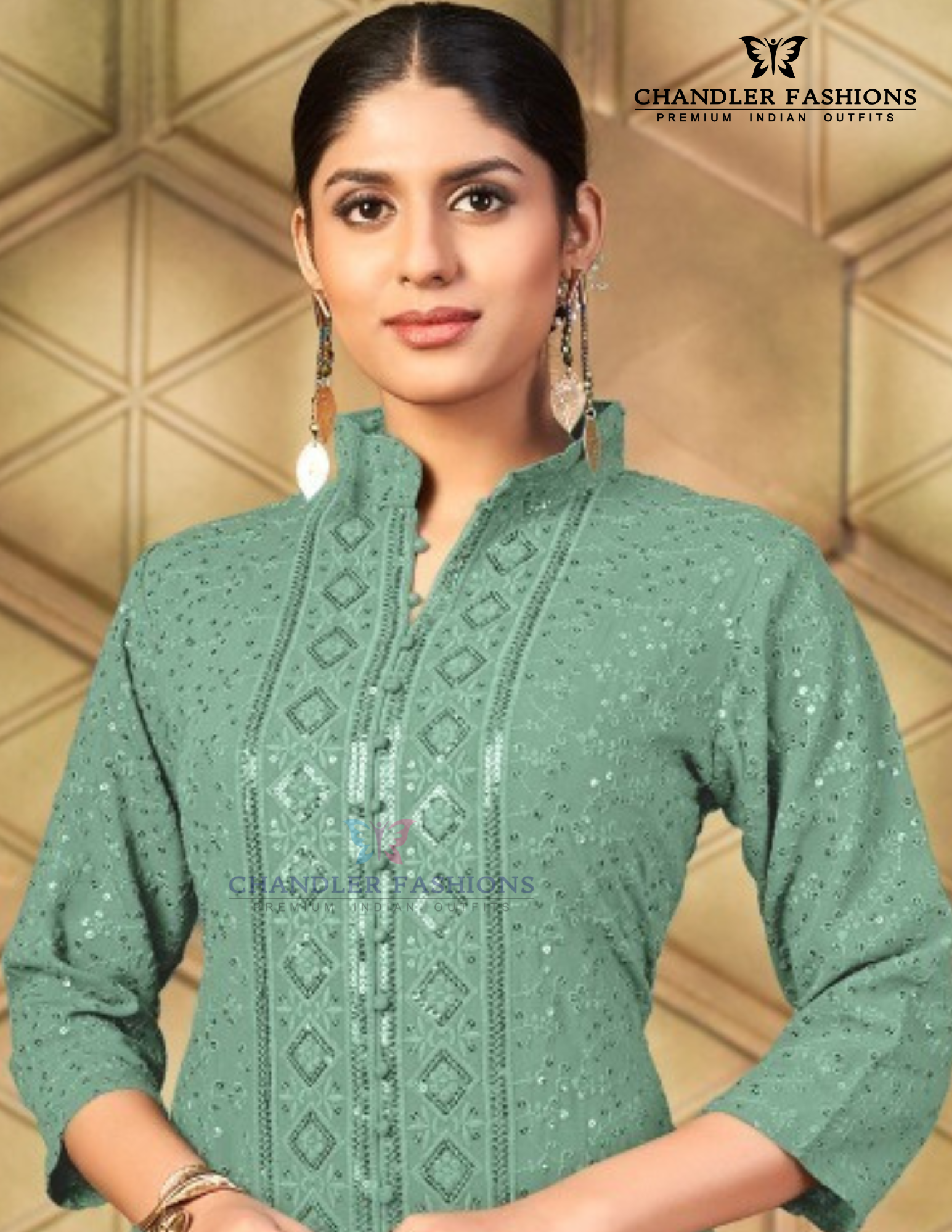 Sea Green Color Rayon With Chikankari And Sequins Work Kurti Near Me
