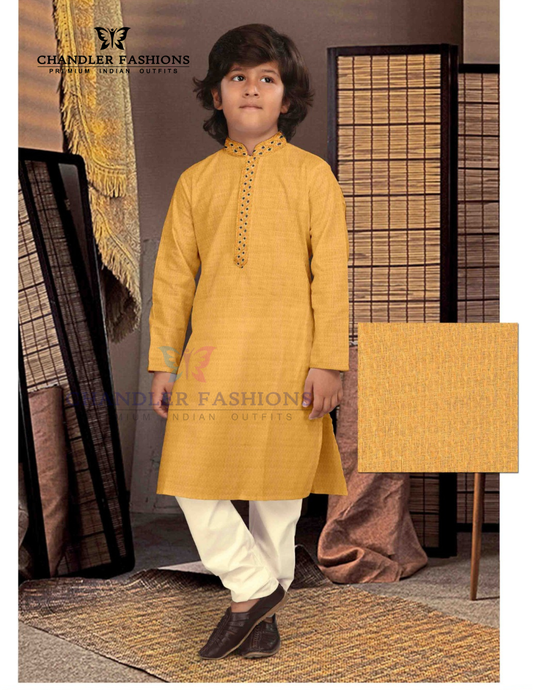 Wonderful Yellow Color Poly Cotton Kurta Pajama Set For Kids
