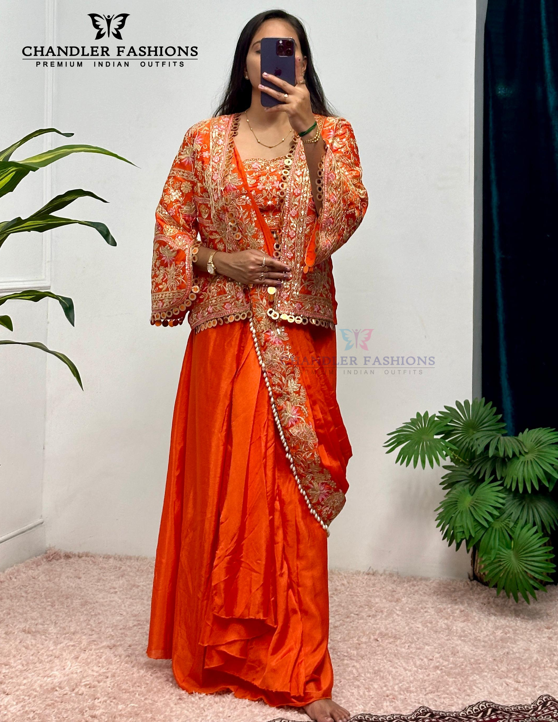 Charming Orange Color Heavy Embroidery Work Ready To Wear Saree For Women