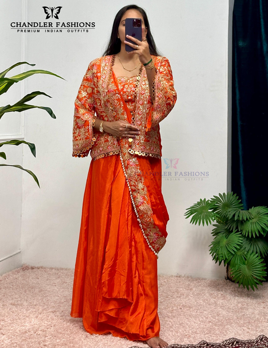 Charming Orange Color Heavy Embroidery Work Ready To Wear Saree For Women