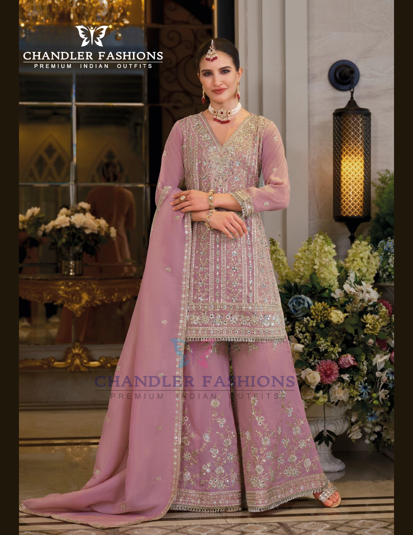 Lavender Color Shimmer With Embroidery Work Palazzo Suits And Dupatta Near Me