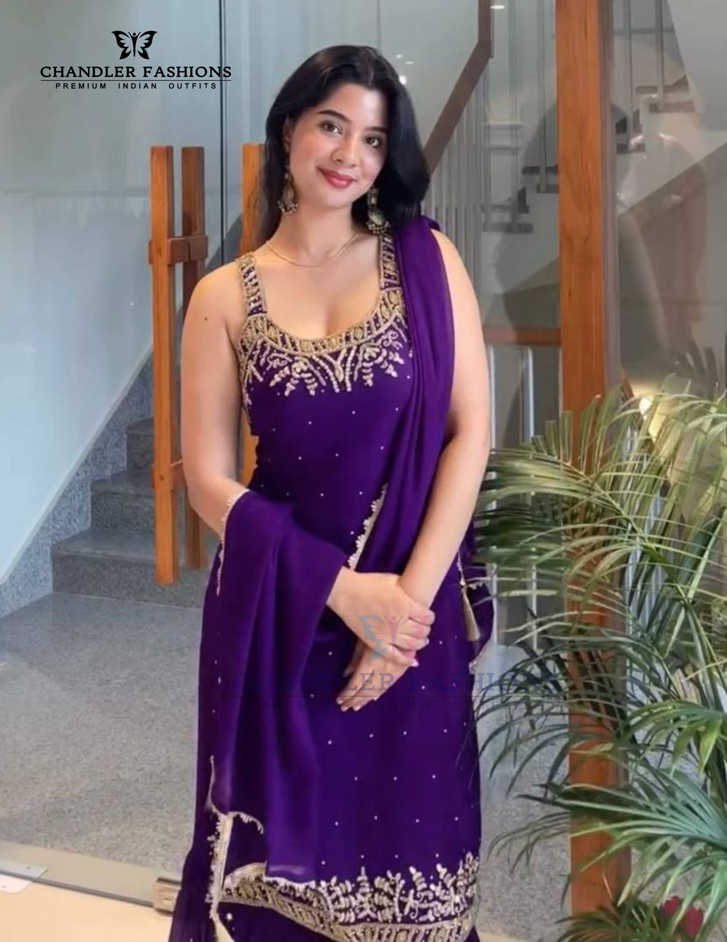 Charming Purple Color Georgette Embroidery And Sequins Work Palazzo Suits