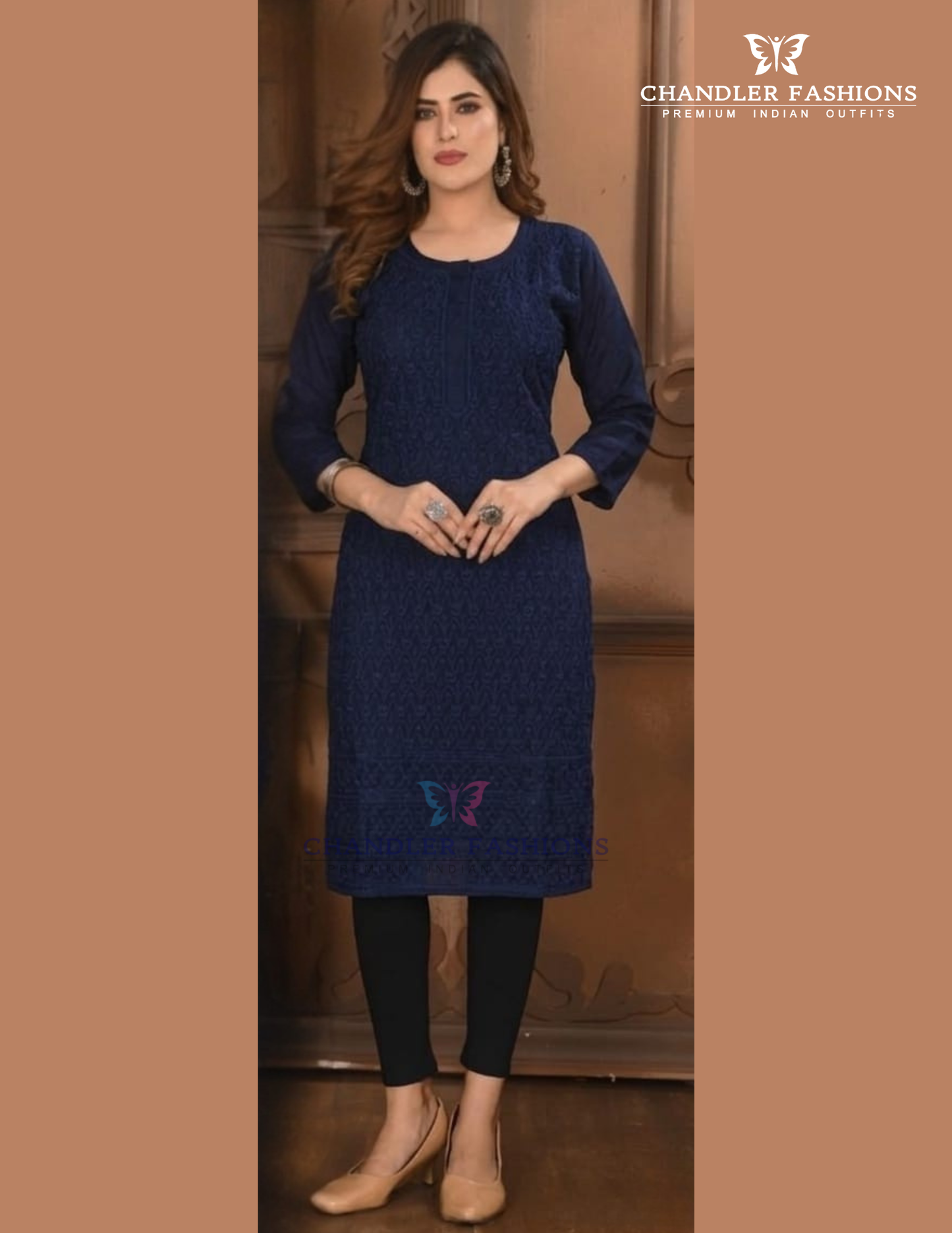 Charming Navy Blue Color Rayon With Chikankari Work Kurti For Women