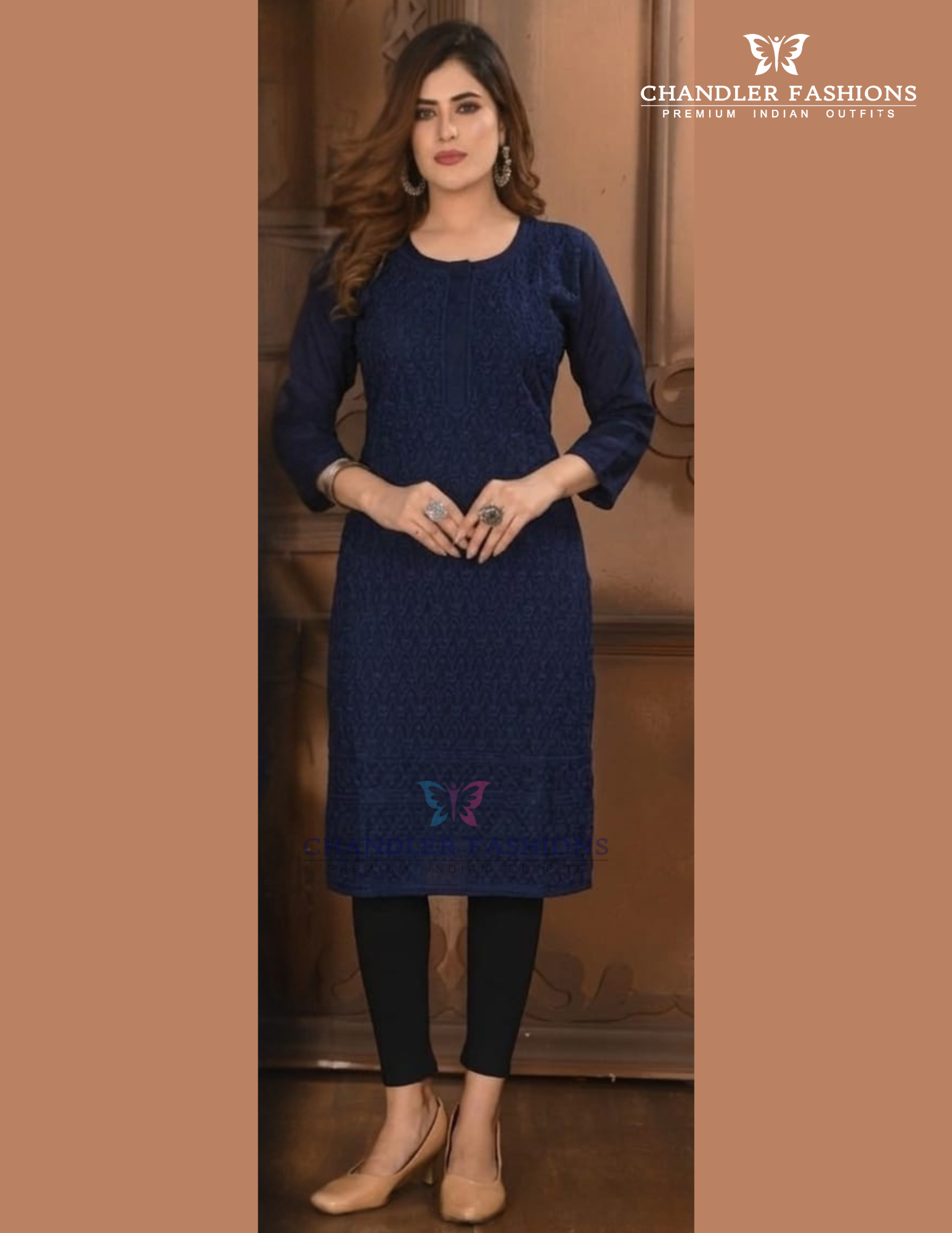 Charming Navy Blue Color Rayon With Chikankari Work Kurti For Women