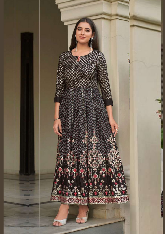 Gorgeous Black Color Heavy Rayon With Foil Print Work Kurti For Women