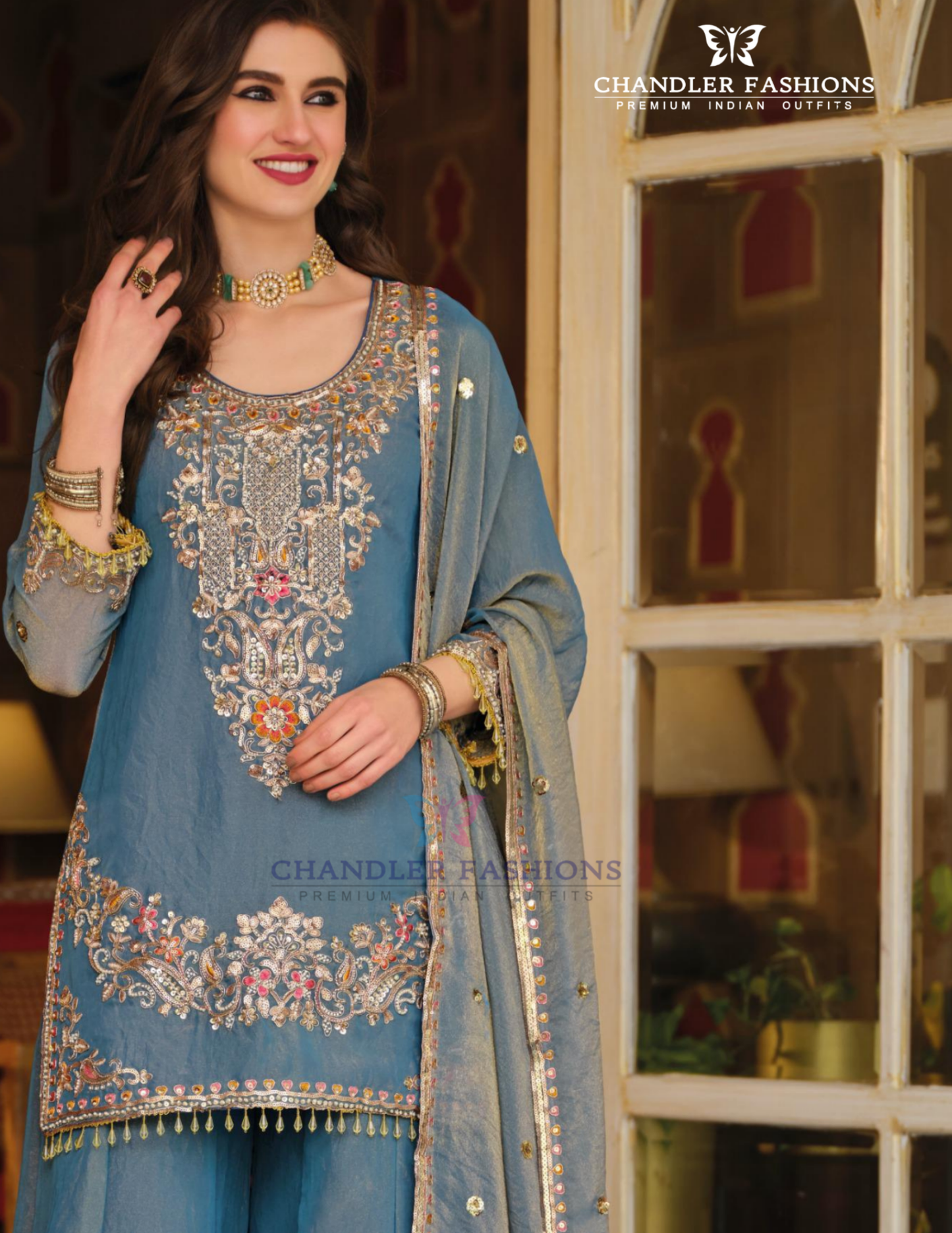   Embroidery Work Palazzo Suits And Dupatta In USA